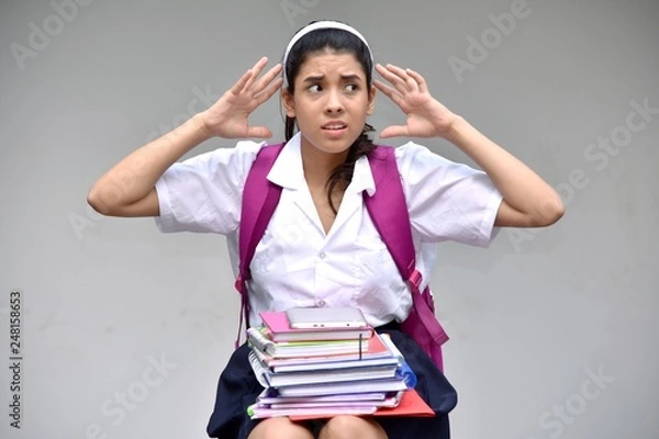 Fototapeta Stressful Cute Colombian Female Student Wearing School Uniform