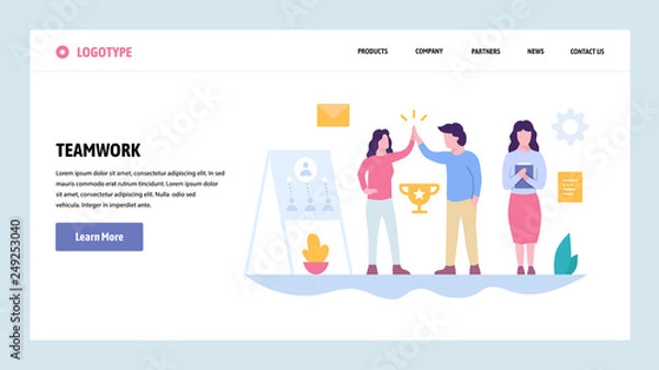 Obraz Vector web site gradient design template. Teamwork success. Team business leadership. Landing page concepts for website and mobile development. Modern flat illustration.