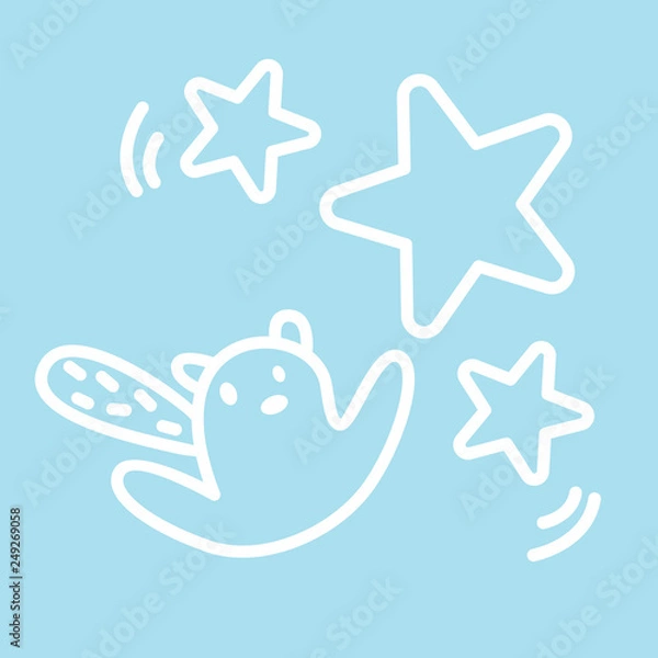 Fototapeta Cute kawaii animal character is flying to the stars. Funny beaver or cat logo design template. Symbol for web and print. Animal linear preschool illustration in trendy minimalistic style. Baby shower