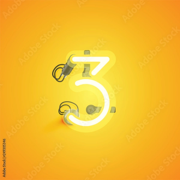 Fototapeta Yellow realistic neon character with wires and console from a fontset, vector illustration