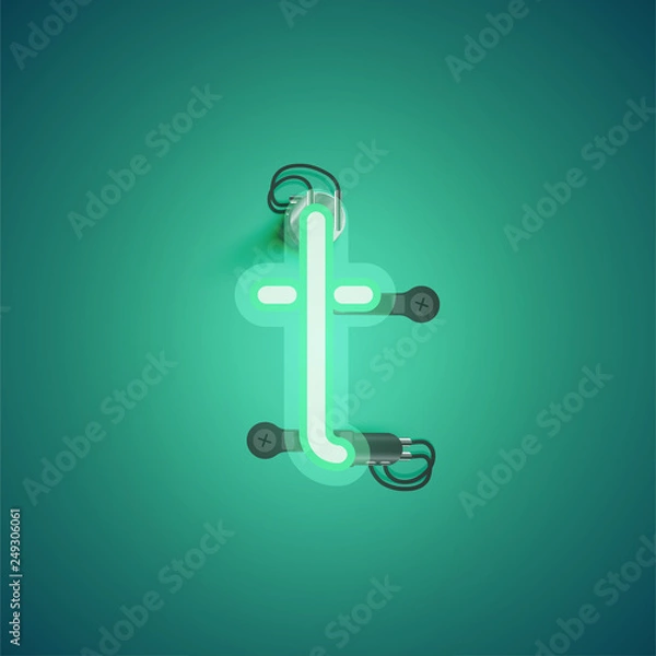 Fototapeta Green realistic neon character with wires and console from a fontset, vector illustration