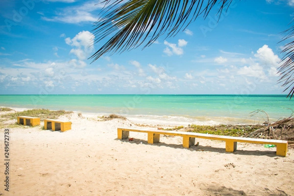 Fototapeta Benches by the sea at Praia do Sossego (Sossego beach) on Itamaraca island (Pernambuco, Brazil)