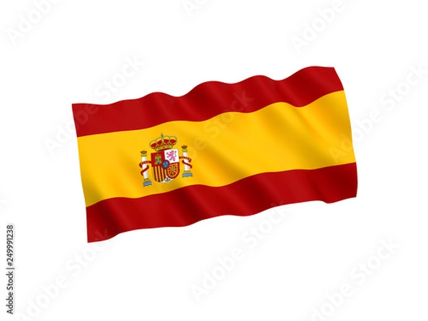 Fototapeta National fabric flag of Spain isolated on white background. 3d rendering illustration. 1 to 2 proportion