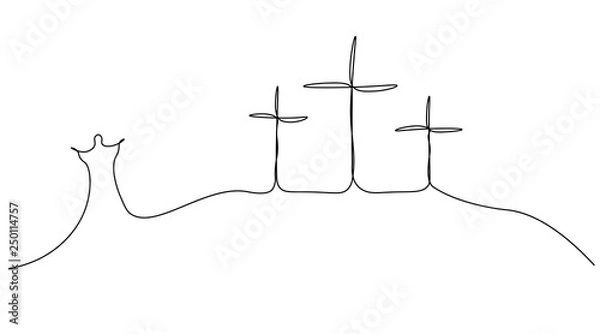 Fototapeta Religious easter background with calvary hill of the cross and jesus silhouettes one line drawing, vector illustration.