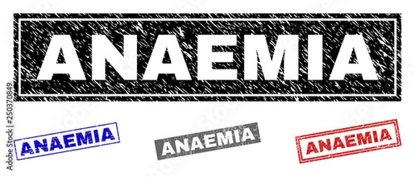 Fototapeta Grunge ANAEMIA rectangle stamp seals isolated on a white background. Rectangular seals with grunge texture in red, blue, black and gray colors.