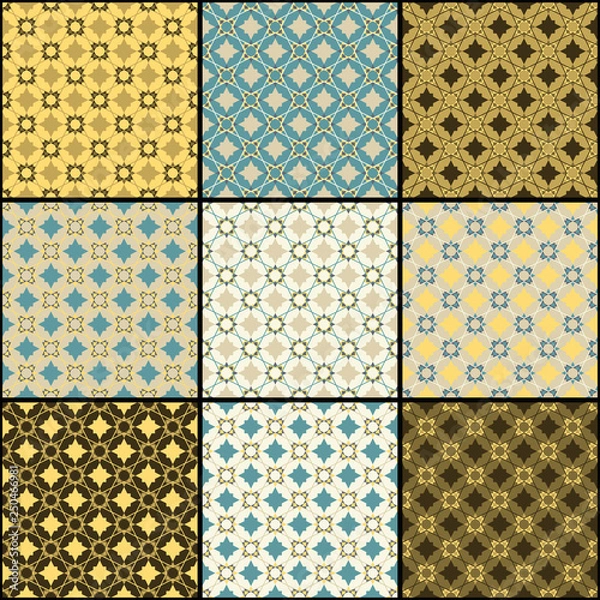 Fototapeta Set of nine bright vector illustration. Seamless vector ornament of simple intersecting geometric shapes. Geometric seamless pattern.