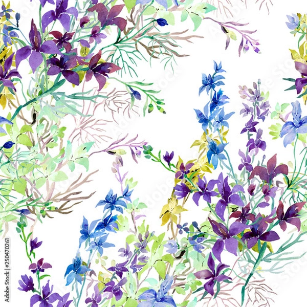 Fototapeta Seamless Pattern of wild flowers, watercolor  image  on a colored background.