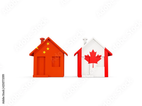 Fototapeta Two houses with flags of China and canada