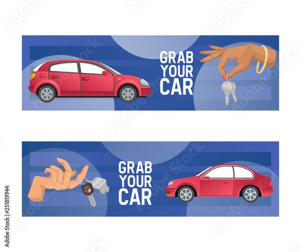 Fototapeta Car vector hand holding automobile key of vehicle transportation design backdrop illustration of people character buying auto transport purchase wallpaper background