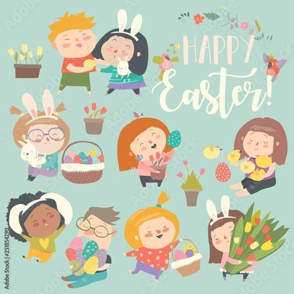 Fototapeta Cute little children with Easter theme. Happy Easter