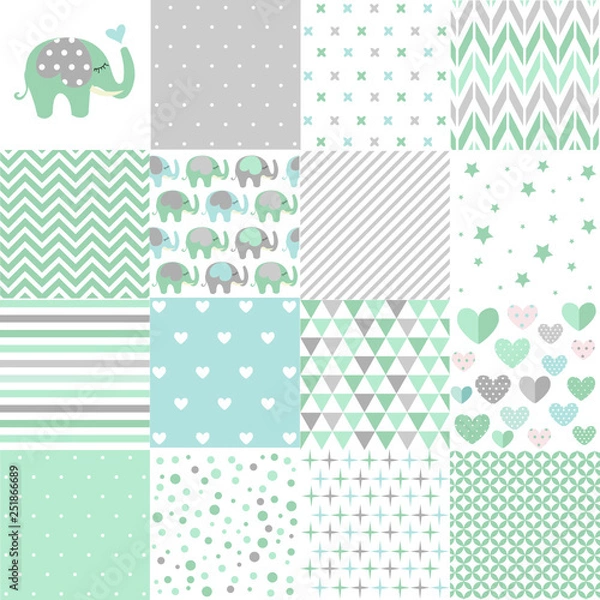 Fototapeta Set of baby shower patterns. Seamless pattern vector. Baby elephant vector set. Graphic design elements