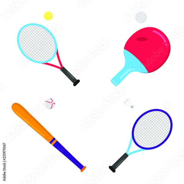 Fototapeta Sport game rackets and bat flat style design vector illustration set isolated on white background. Ping pong table tennis, tennis and badminton rackets and baseball bat with balls and shuttlecock.