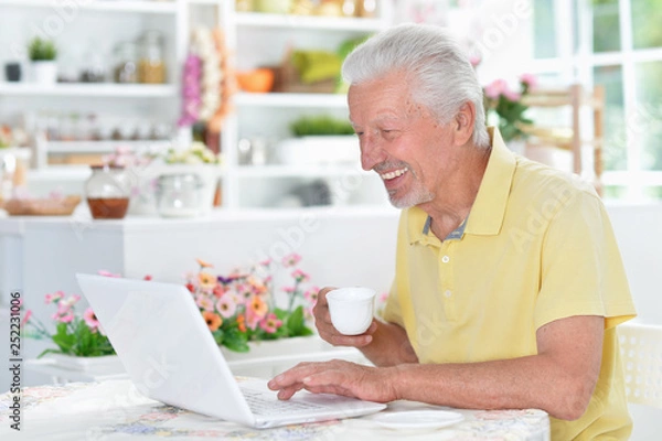 Fototapeta Portrait of beautiful senior man using laptop at home