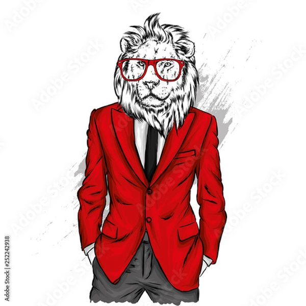 Fototapeta Lion with a human body in a jacket. Vector illustration. Hipster. Clothes and accessories. A man in a business suit.