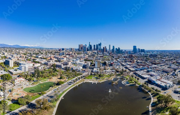 Fototapeta Aerial view of the Los Angeles downtown area with West Lake