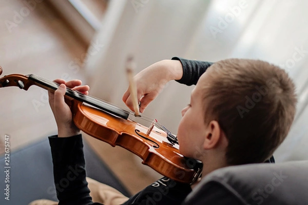 Fototapeta Handle hold violin. Little boy carrying violin. Young boy playing violin, talented violin player.