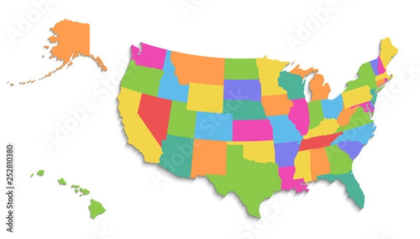 Obraz Mapa USA z mapą Alaski i Hawajów, nowa szczegółowa mapa polityczna, oddzielne poszczególne stany, z nazwami stanów, izolowana na białym tle Puste 3D