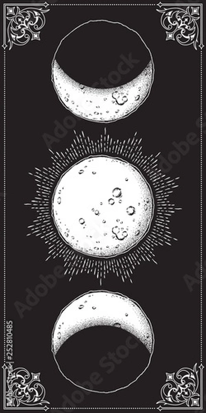 Fototapeta Antique style hand drawn line art and dot work moon phases. Boho chic poster, fabric, altar veil or tapestry design vector illustration.