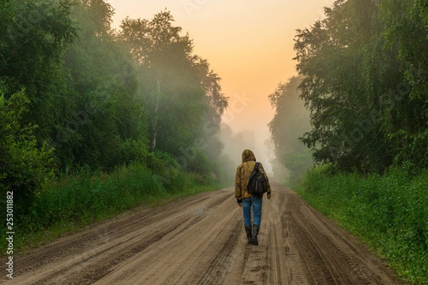 Fototapeta a man walking on a forest road with a backpack. misty morning in the green forest. walking along a sandy road surrounded by trees