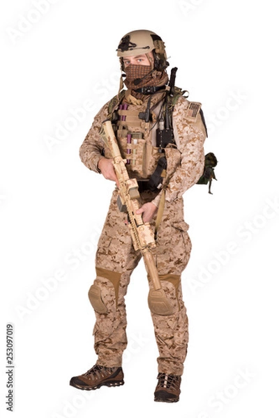 Fototapeta Special forces soldier with rifle on white background. army, military and people concept