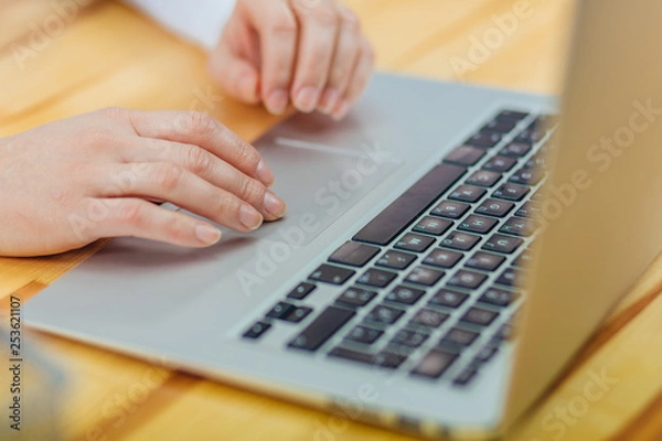 Fototapeta Young women's hands using laptop work. Business lady using a touchpad on a gray laptop.