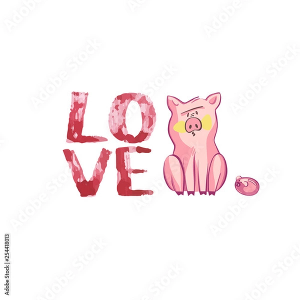 Fototapeta Happy pigs with love letters, presents for Valentine s day on white background.