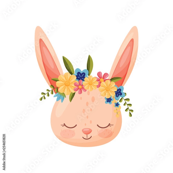 Fototapeta Hare head with flower wreath. Flora and fauna concept.