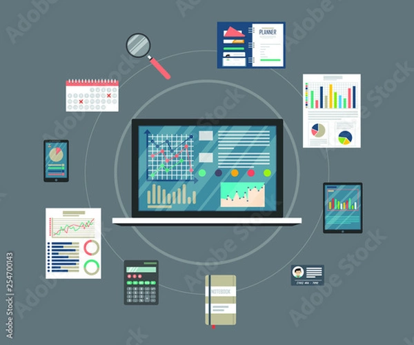 Fototapeta Auditing concept vector illustration. Tax process. Business background. Flat design of analysis, data, accounting, planning, management, research, calculation, reporting, project management.