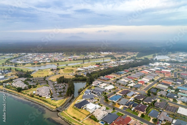 Fototapeta Aerial view of Harrington township at dusk