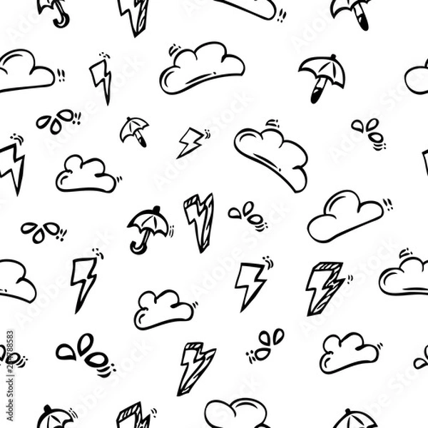 Fototapeta Seamless pattern Background Simple Outline Hand Draw Skecth, Cloud, Storm, Water Drop and Umbrella