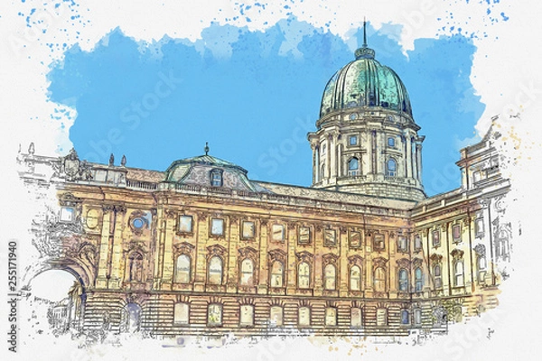 Fototapeta Watercolor sketch or illustration of a beautiful view of Buda Castle or the Royal Palace in Budapest in Hungary. Traditional old European architecture or buildings