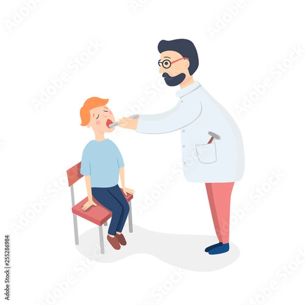 Fototapeta Sick boy sitting on a chair at the doctor's office. The doctor, a man in a medical gown and glasses, looks at the patient's sore throat. Vector flat illustration.