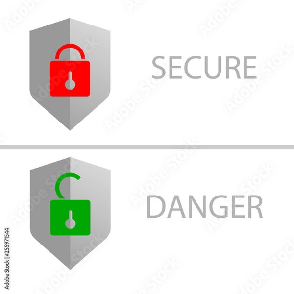 Fototapeta Secure lock and danger isolated on white background