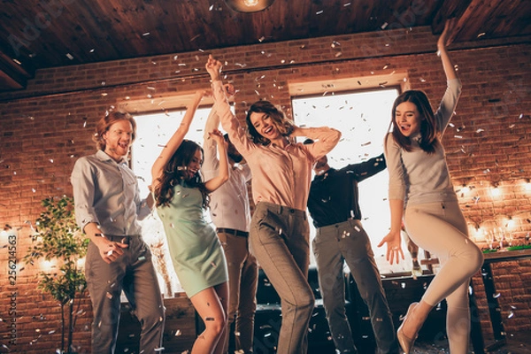 Fototapeta Close up photo best friends hang out dancing great time drunk birthday sing singer favorite songs energetic she her ladies he him his guys wear dress shirts formalwear glitter loft room indoors