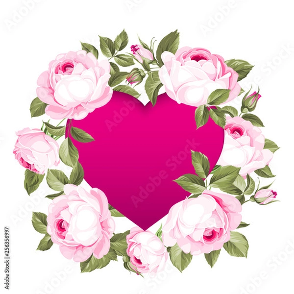 Fototapeta Red heart in the middle of the image. Blooming flowers garland around text place isolated over white background. Vector illustration.