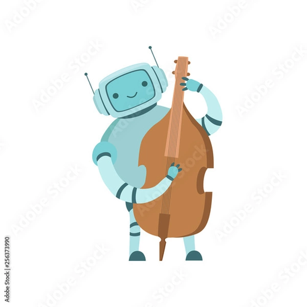 Fototapeta Cute Robot Musician Playing Cello Musical Instrument Vector Illustration