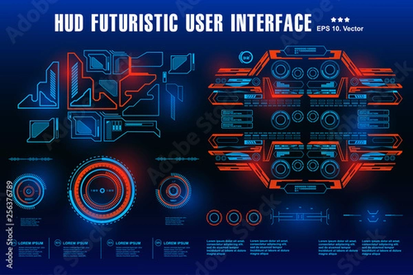 Fototapeta Futuristic blue virtual graphic touch user interface. HUD dashboard display virtual reality technology screen