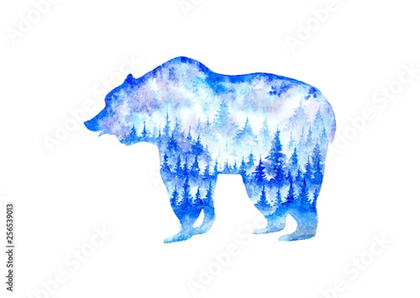 Fototapeta Bear silhouette. Image of a wild forest animal.Landscape with fir trees and fog Watercolor hand drawn illustration.White background.