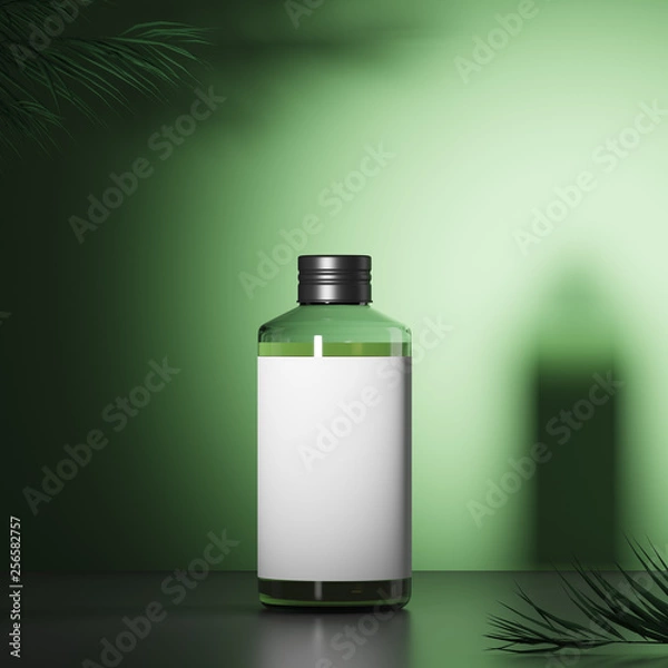 Fototapeta Cosmetic glass bottle with black cap on green background with exotic leaves. Mock up. 3d rendering