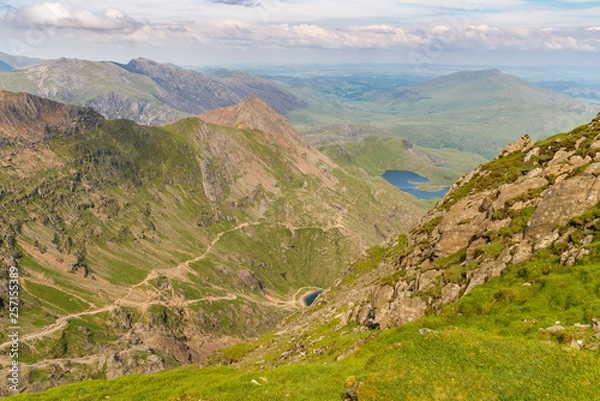 Fototapeta View from the summit of Mount Snowdon, Snowdonia, Gwynedd, Wales, UK - looking north at Garnedd Ugain, the Pyg Track and the Miner's Track