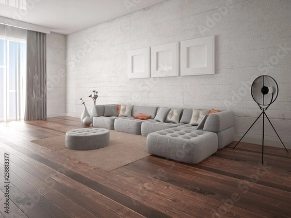 Fototapeta Mock up modern living room with a large corner sofa and light hipster backdrop.