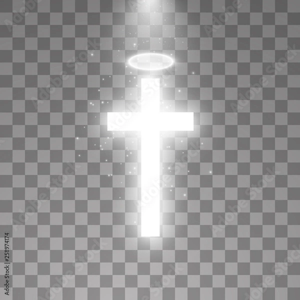 Obraz Shining white cross and white halo angel ring on transparent background. Glowing saint cross. Vector illustration