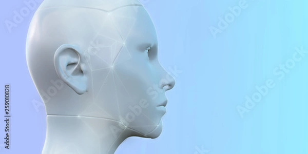 Fototapeta Realistic robotic head with abctract lines and dots. Neural network , deep learning , artificial intelligence in virtual reality. 3d render 