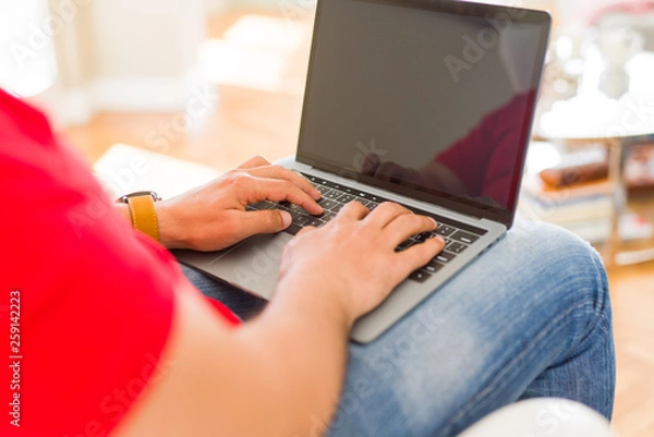 Fototapeta Middle age man using laptop sitting on the couch at home