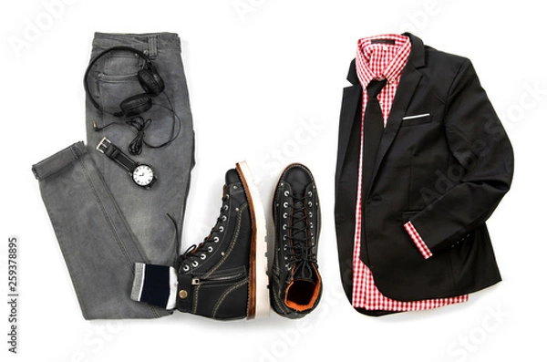 Fototapeta Men's casual clothing set with black boot , suit, red shirt, tie, watch, earphone and gray jeans isolated on a white background, Top view