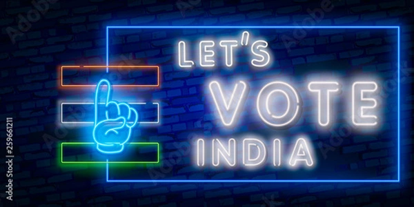 Fototapeta vote india general election with finger hand. India Vote 2019 night sign in neon style. Neon sign, a symbol for vote promotion. Bright banner, nightly advertising. Vector Illustration