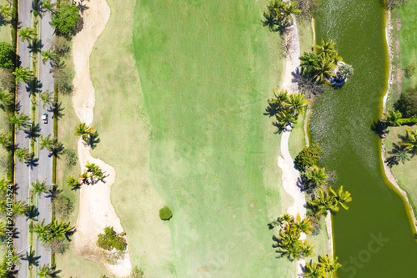 Fototapeta Aerial view from drone on golf field