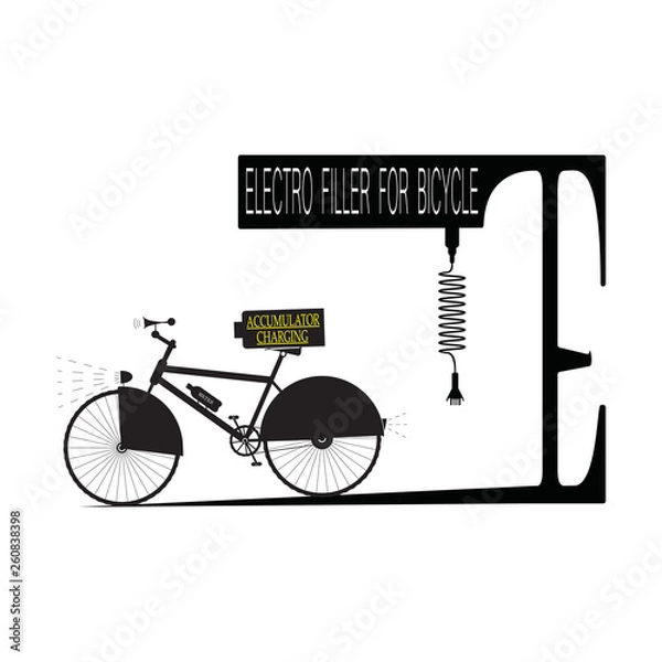 Fototapeta Black bicycle with accumulator and electric-filler like the parking with inscription - vector illustration