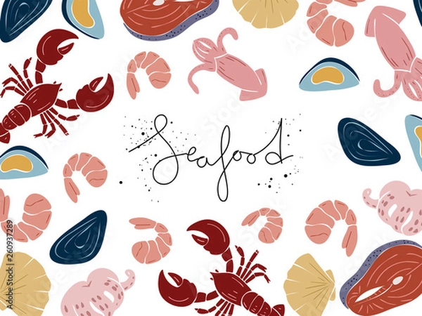 Fototapeta Different seafood products, vector cartoon flat style