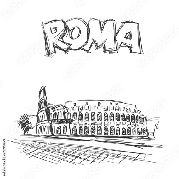 Fototapeta Roman Coliseum. Sight in Rome, Italy. Hand drawn vector sketch with Roma headline text.